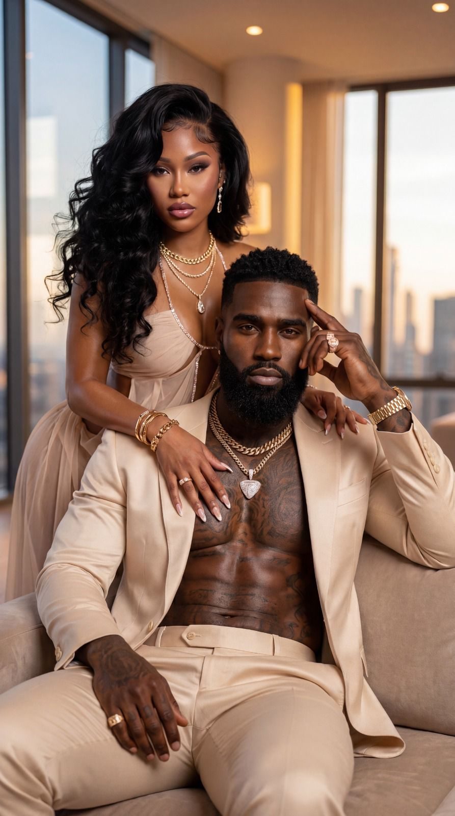Editorial render, couple in a penthouse at golden hour